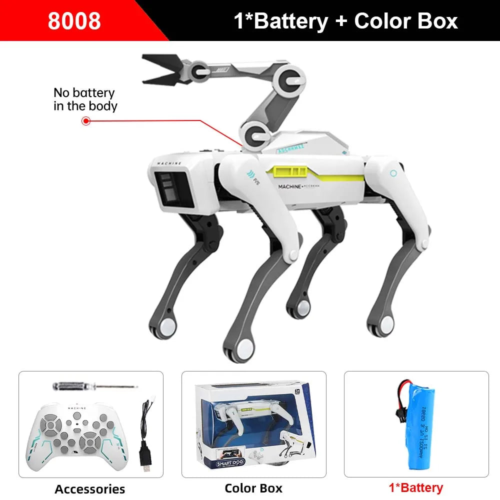 De witte, robotachtige hond met zwarte poten en groene accenten is een 2.4G RC Smart Dog, uitgerust met Bluetooth en een 600mAh batterij voor speelple
