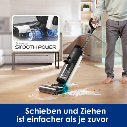 De Tineco stofzuiger met glanzend zwart en zilveren accenten, voorzien van een helder verlichte borstel en een transparante vuilbak, is speciaal ontwo
