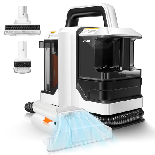Een witte, draagbare stofzuiger met zwarte accenten en een transparante waterbak, uitgerust met verschillende borstels voor efficiënte vloer- en tapij