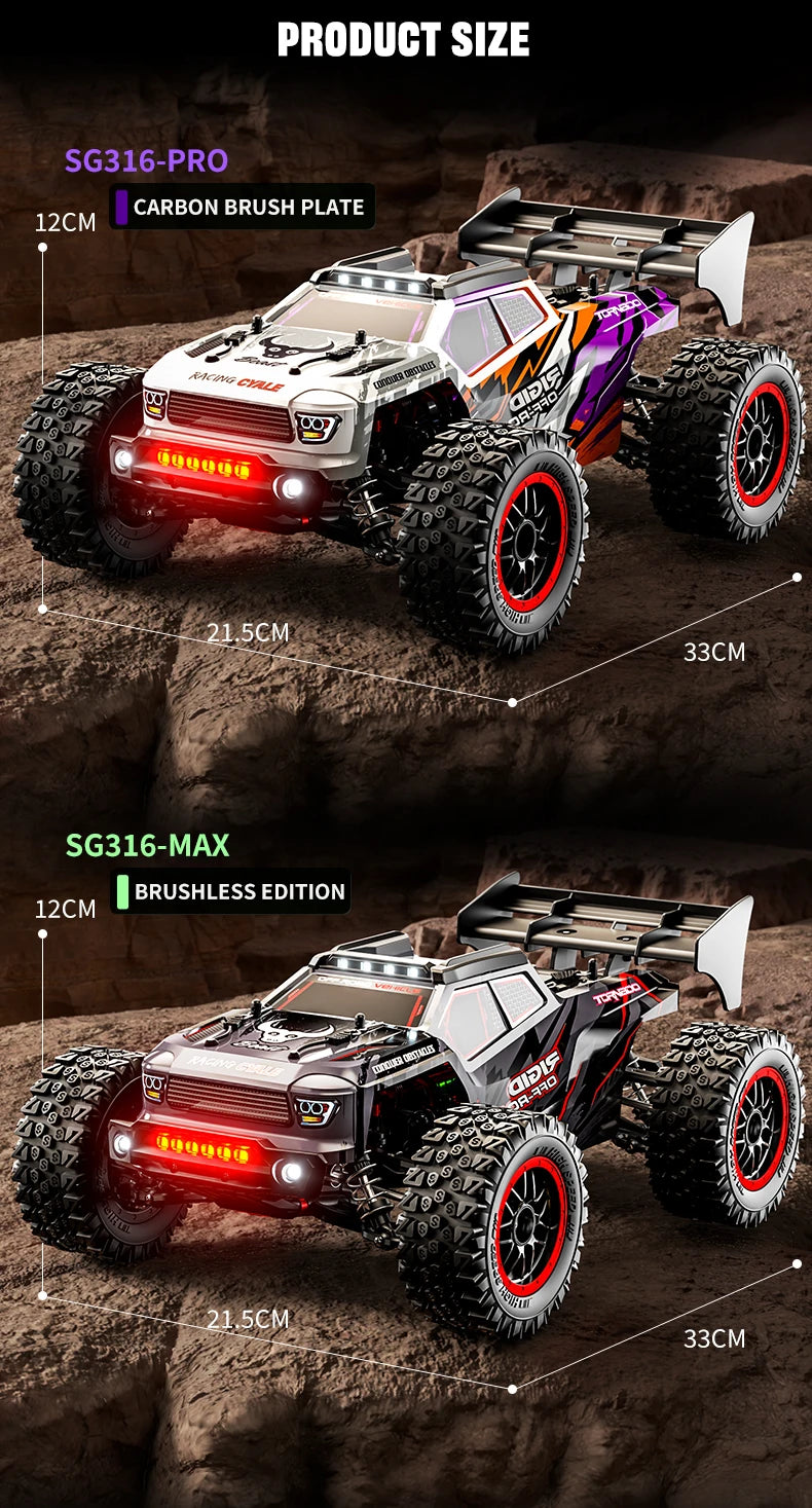 Zwart Rigid Off-Road RC-raceauto met rode velgen en LED-verlichting, uitgerust voor extreme terreinrijden. Inclusief stuur, batterijen en opbergzak vo