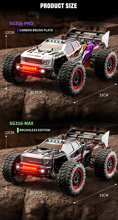 Zwart Rigid Off-Road RC-raceauto met rode velgen en LED-verlichting, uitgerust voor extreme terreinrijden. Inclusief stuur, batterijen en opbergzak vo