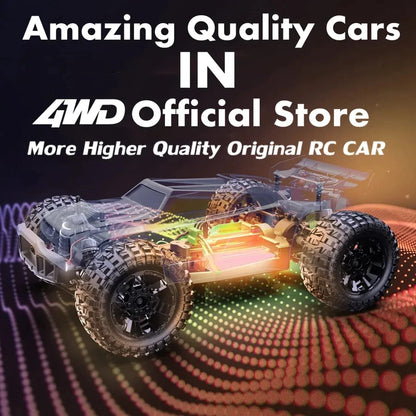 Zwart en roze 1:16 schaal RC monstertruck met grote terreinbanden en blauwe LED-verlichting, ontworpen voor speelgoedraces op zware terrein. Geschikt 