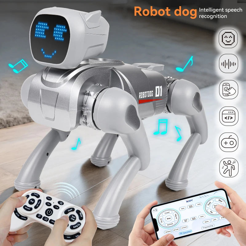 ZWN X1 AI Smart Robot Dog, zilverkleurig met blauwe LED-gezicht, speelt muziek en danst. Geschikt voor kinderen, met Bluetooth en app-controle voor in