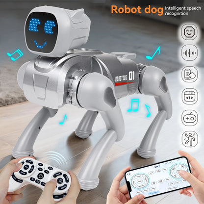 ZWN X1 AI Smart Robot Dog, zilverkleurig met blauwe LED-gezicht, speelt muziek en danst. Geschikt voor kinderen, met Bluetooth en app-controle voor in