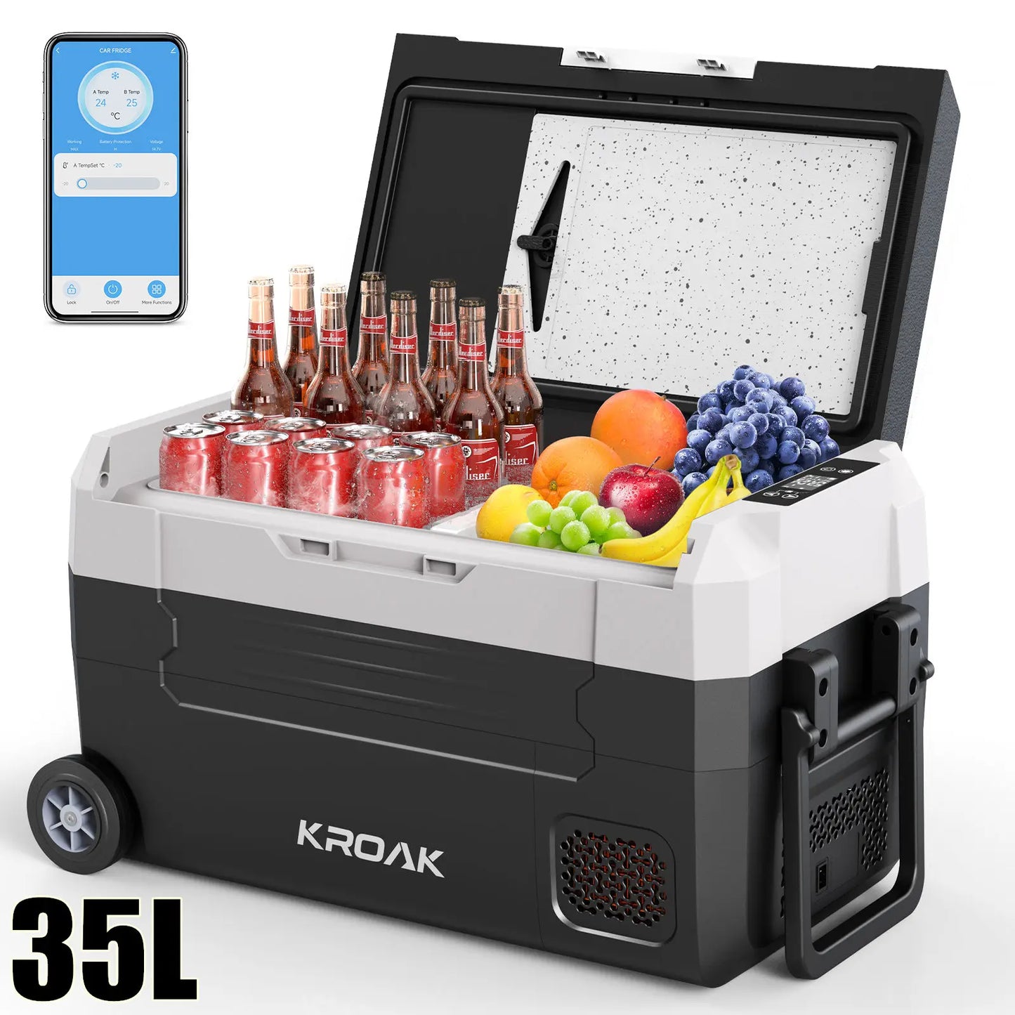Zwart-wit koelbox met wielen, gevuld met frisdrank en fruit, voorzien van app-gecontroleerde temperatuur. Ideaal voor kamperen en picknicks, met 35L t