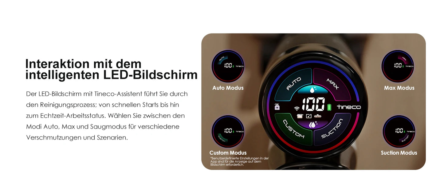 De Tineco stofzuiger met zichtbare waterreservoir en helder verlichte vloerborstel, geschikt voor efficiënte vloer- en tapijtverzorging in moderne hui