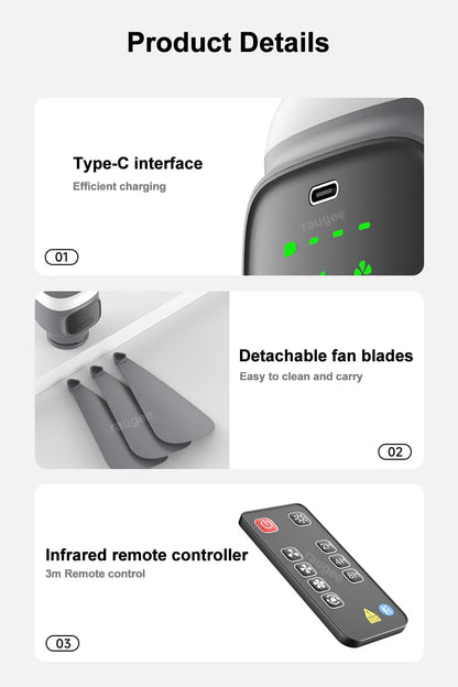 Grijze draadloze wandelventilator met 12000mAh batterij, hangend onder een tent. Geïntegreerd LED-lampje en afstandsbediening voor gebruik bij kampere
