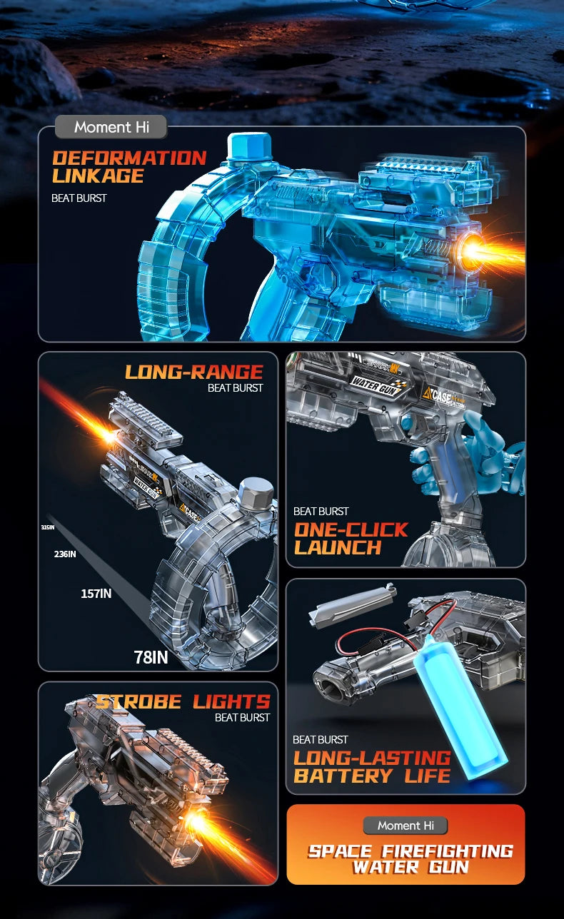 De elektrische waterpistool Shark MK-1 heeft een transparante, futuristische constructie met een donkerblauwe grip en een opvallende rode uitlaat. Het