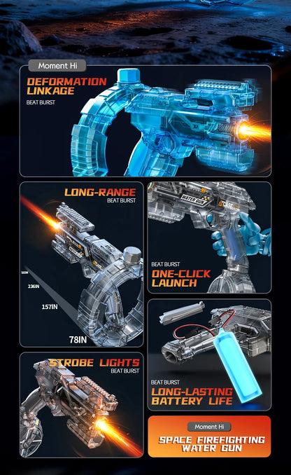 De elektrische waterpistool Shark MK-1 heeft een transparante, futuristische constructie met een donkerblauwe grip en een opvallende rode uitlaat. Het