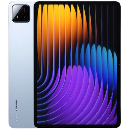 Grijs Xiaomi Pad 7 Wifi met kleurrijke schermachtergrond, drie camera’s op de achterkant en zichtbare RAM/ROM-opties. Geschikt voor mobiele productie 