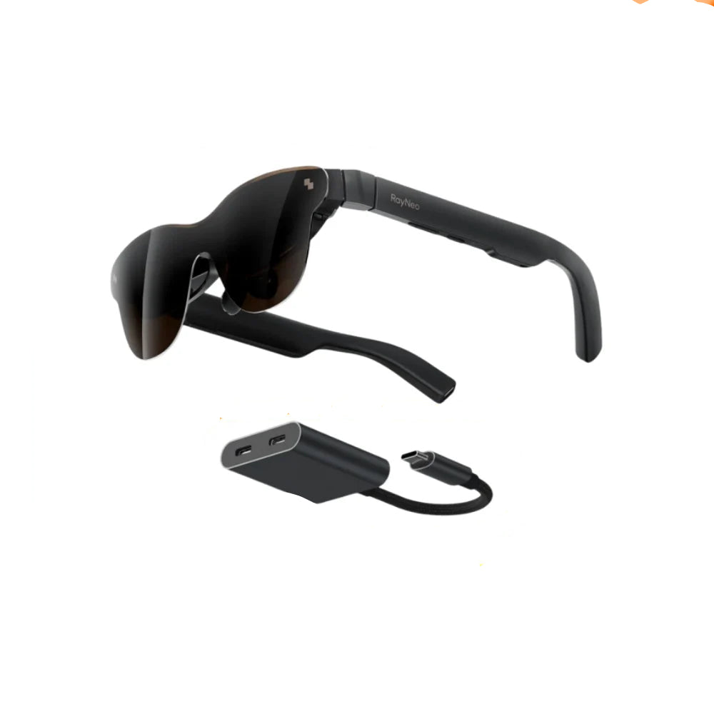 Zwart RayNeo Air 4 smartbril met donkere glazen en USB-C kabel, ideaal voor sportieve gebruikers. Geleverd met een USB-C adapter als cadeau voor sport