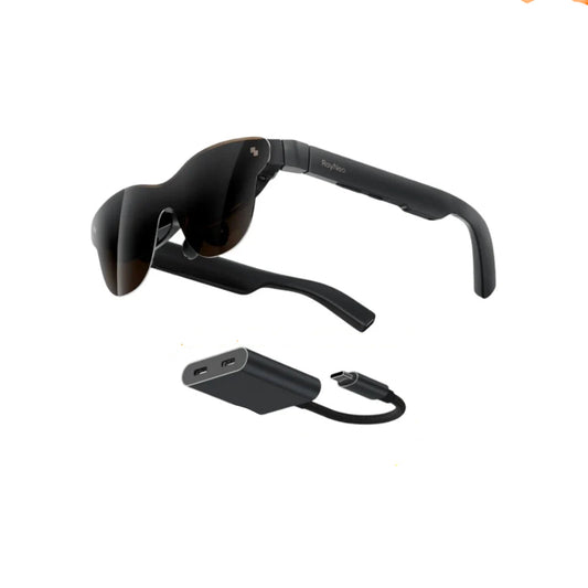 Zwart RayNeo Air 4 smartbril met donkere glazen en USB-C kabel, ideaal voor sportieve gebruikers. Geleverd met een USB-C adapter als cadeau voor sport