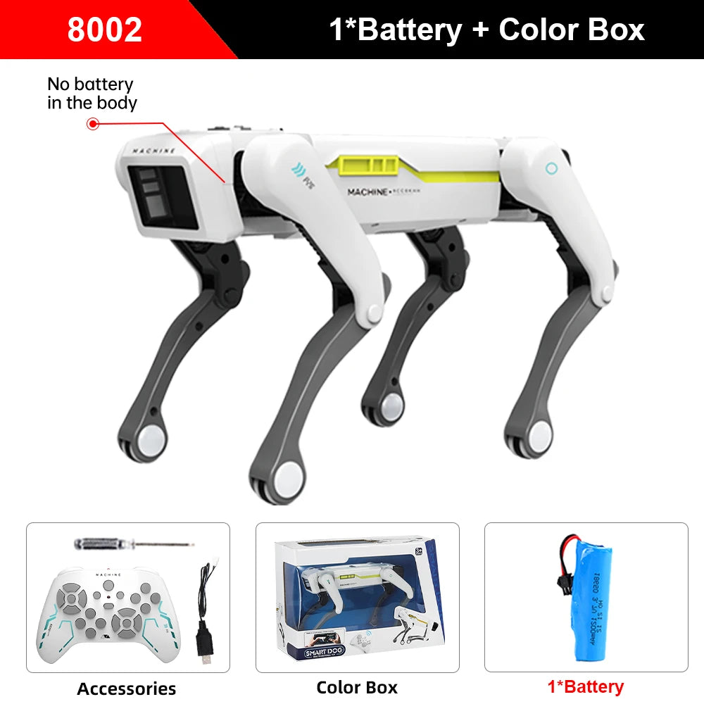 De witte 2.4G RC Smart Dog met groene accenten en Bluetooth-functionaliteit, uitgerust met een afstandsbediening, is een interactief speelgoed voor ki