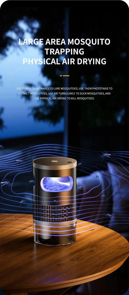 Lenovo Mosquito Killer met blauwe UV-verlichting, zilveren en glazen behuizing, staat op houten tafel. Geschikt voor slaap- en woonruimtes, met lage s