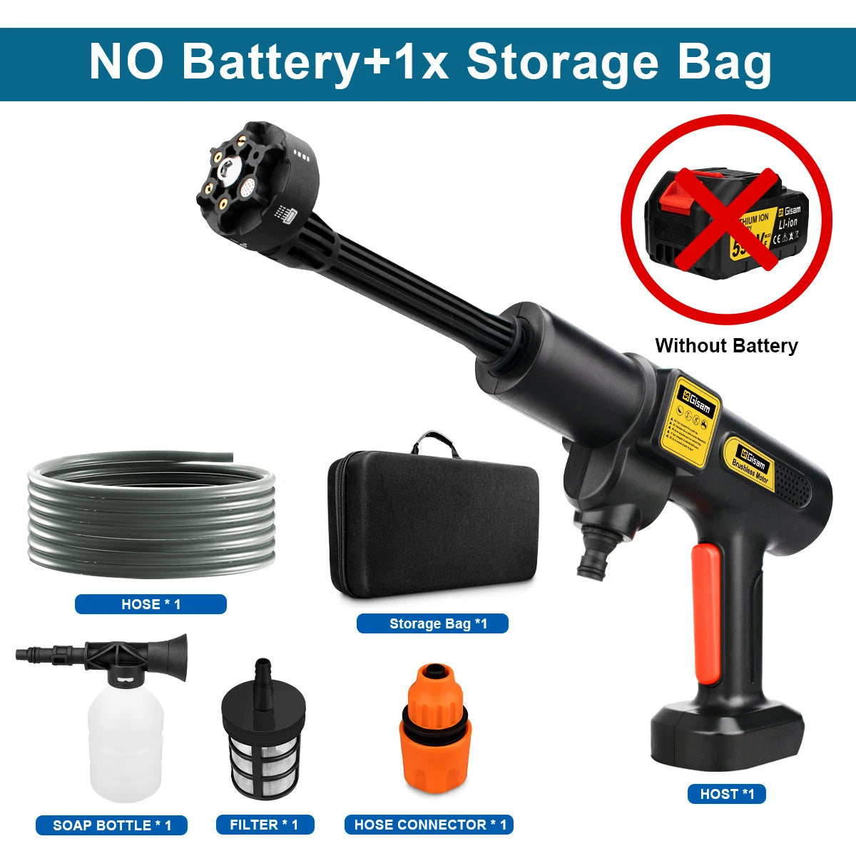 Zwarte Gisam draadloze stroomreiniger met 6-in-1 spuitmondstuk, lithium-ion batterijen en accessoires voor professioneel gebruik. Geschikt voor auto’s