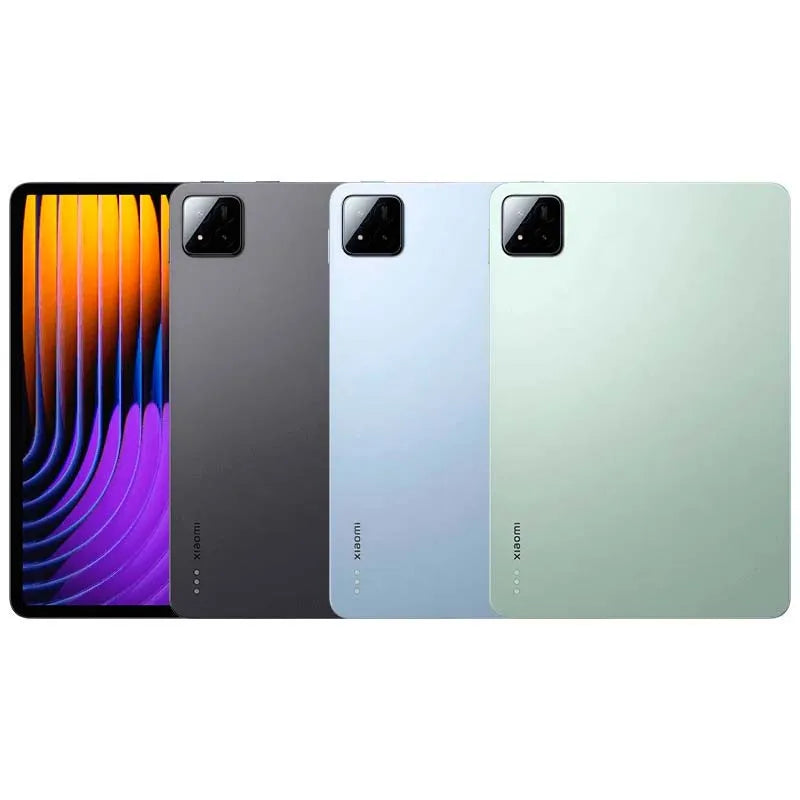 Zwart Xiaomi Pad 7 Wifi met kleurrijke schermachtergrond, drie camera’s op de achterkant en zichtbare RAM- en opslagopties. Ideaal voor multimedia en 