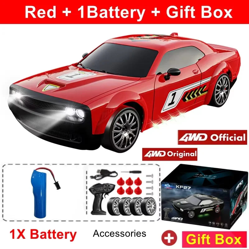 Zwart 4WD RC-raceauto met glanzende lak, zichtbare wielen en nummer 1 op de zijkant, uitgerust met rem en lichtfunctie. Ideaal voor speelplein of binn