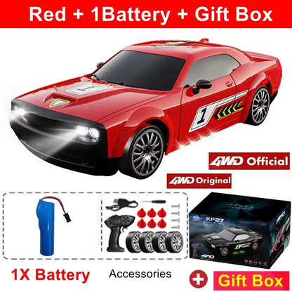 Zwart 4WD RC-raceauto met glanzende lak, zichtbare wielen en nummer 1 op de zijkant, uitgerust met rem en lichtfunctie. Ideaal voor speelplein of binn