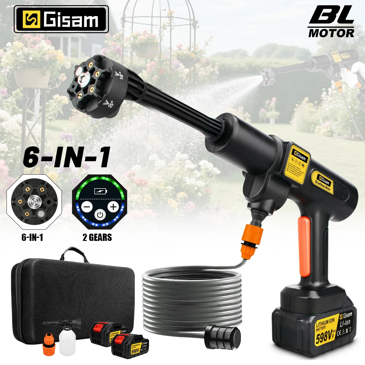 Zwarte Gisam draadloze stroomreiniger met 6-in-1 spuitmondstuk, lithium-ion batterijen en accessoires voor efficiënte car wash en huishoudelijke reini
