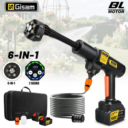 Zwarte Gisam draadloze stroomreiniger met 6-in-1 spuitmondstuk, lithium-ion batterijen en accessoires voor efficiënte car wash en huishoudelijke reini
