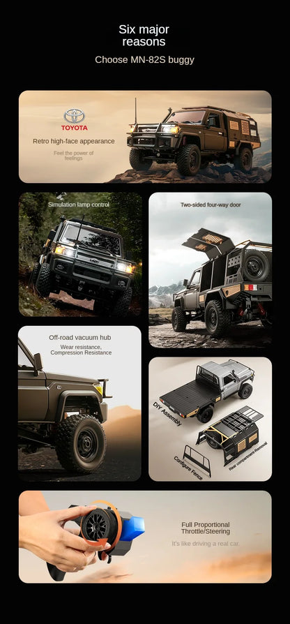 De ZWN MN82S 1:12 RC Toyota Land Cruiser in donkergrijs, met realistische details en rubberen banden, staat op rotsachtig terrein, klaar voor off-road
