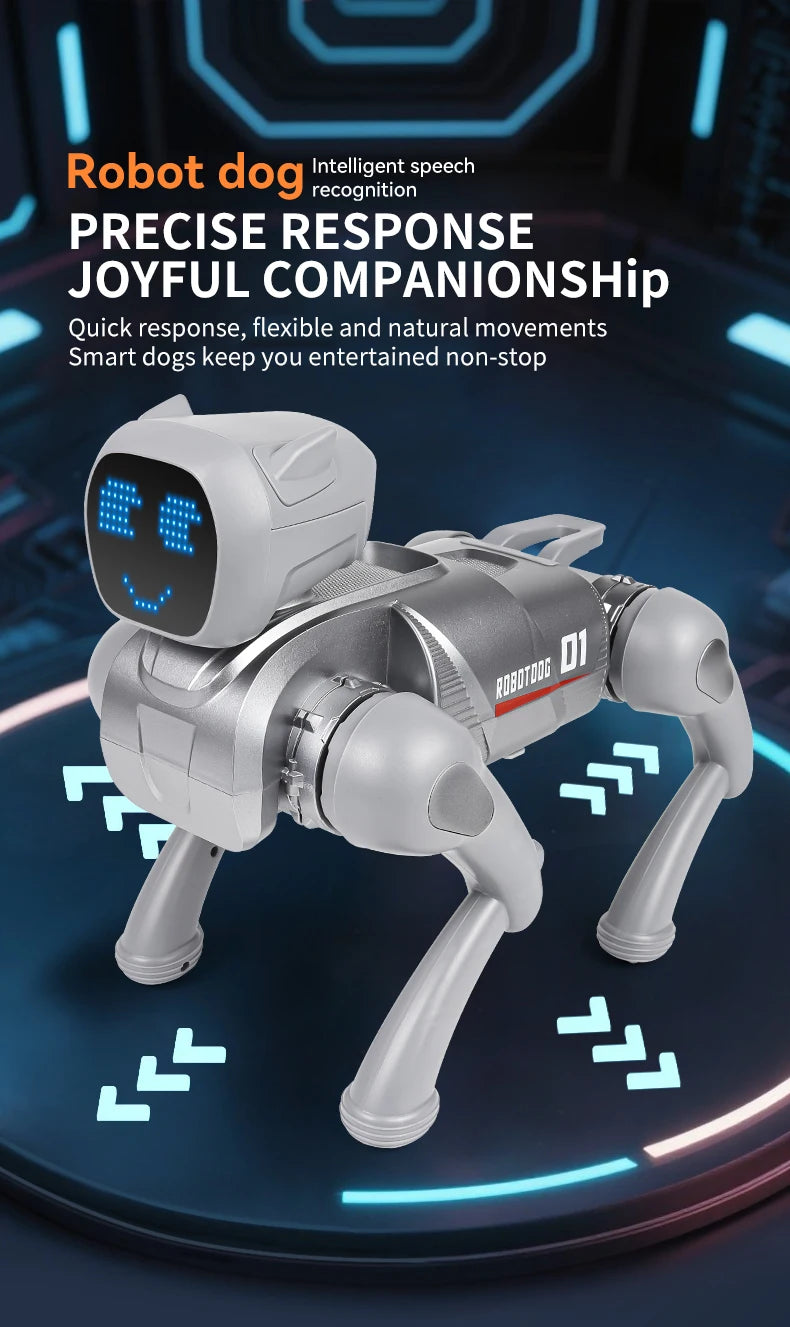 ZWN X1 AI Smart Robot Dog, zilverkleurig met blauwe LED-gezicht, speelt muziek en danst. Geschikt voor kinderen, met Bluetooth en app-controle voor in