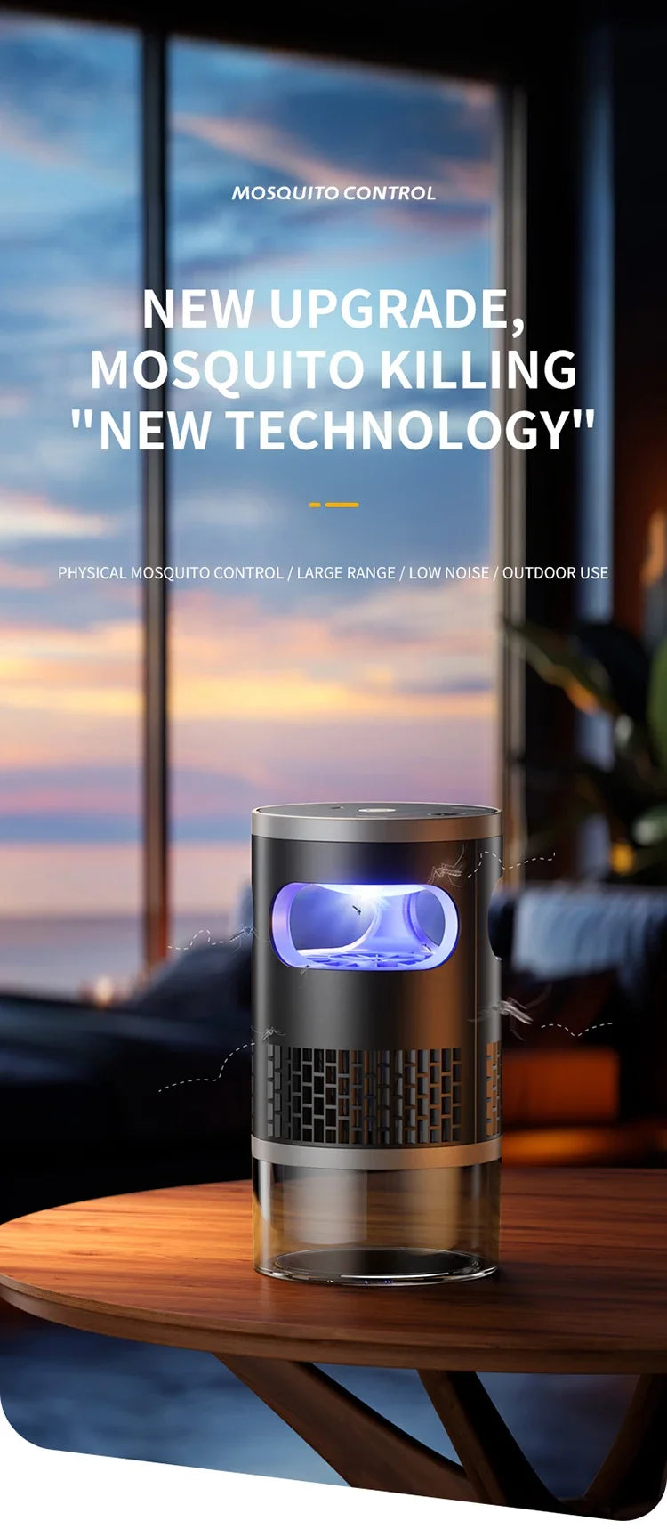 Lenovo Mosquito Killer met blauwe UV-verlichting, zilveren en glazen behuizing, staat op houten tafel. Geschikt voor slaap- en babyruimtes, met lage s