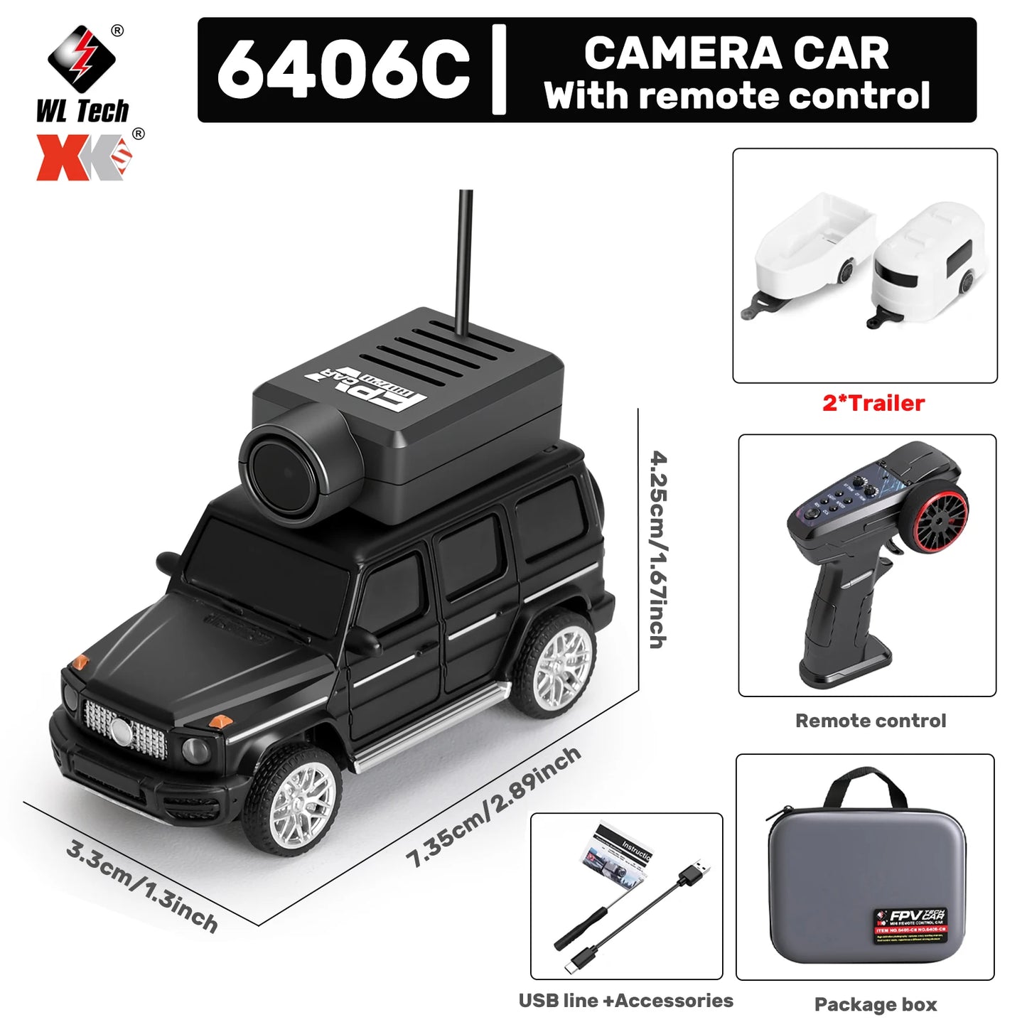 Mini camera-voertuigen in zwart, zilver, oranje en lichtblauw, elk met een zwarte camera op het dak, inclusief stuurunit en USB-kabel voor speelgoedau