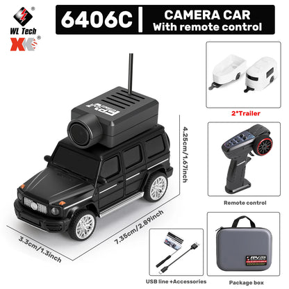 Mini camera-voertuigen in zwart, zilver, oranje en lichtblauw, elk met een zwarte camera op het dak, inclusief stuurunit en USB-kabel voor speelgoedau