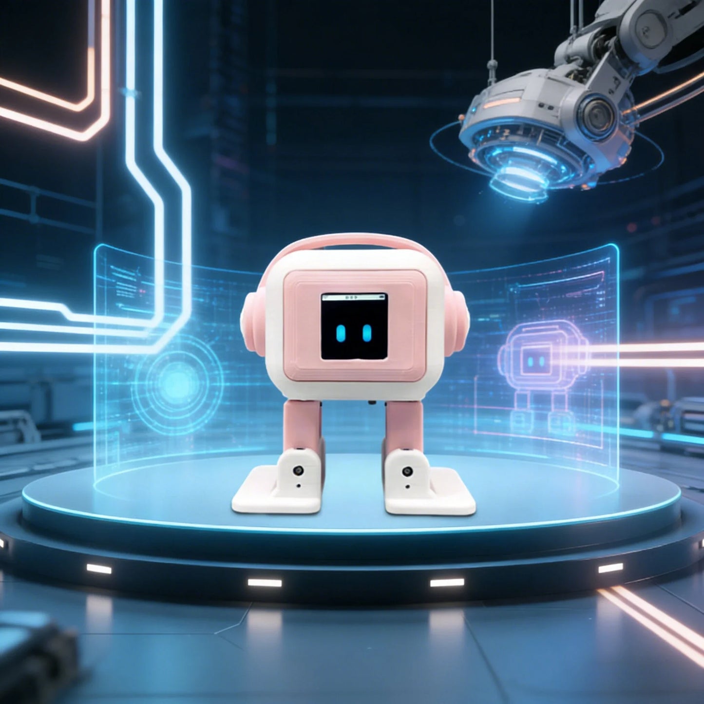 Interactieve compagnonsrobot met blauwe koptelefoon en groene oogleden, op houten tafel naast smartphone. Ideaal voor kinderen en ouderen die een stem