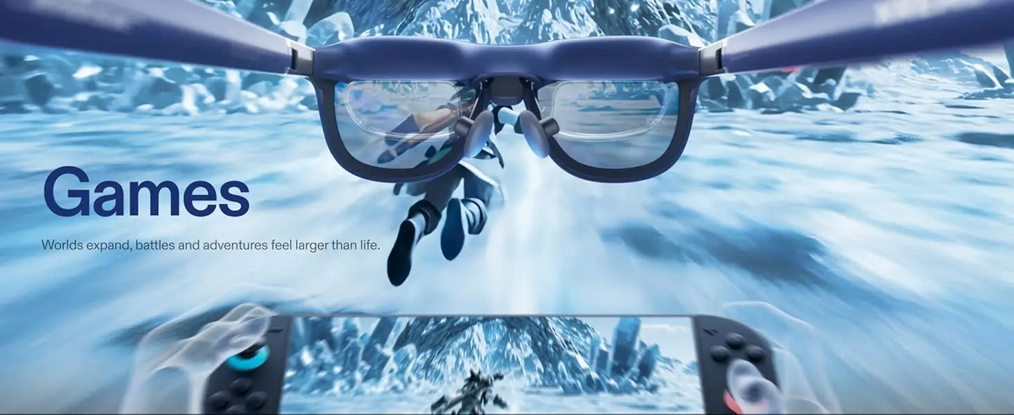 De XREAL 1S AR-bril in donkerblauw met zwart frame, geleverd met oplader, opbergdoos en handleiding, geschikt voor mobiele virtuele realiteit en gamin