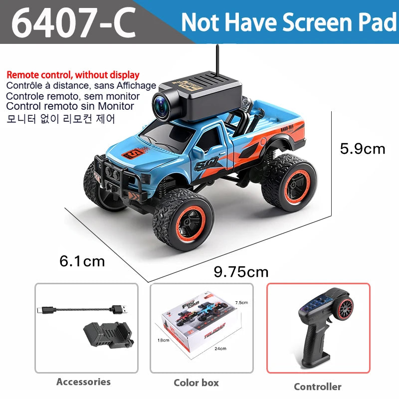 Rode 1:64 schaal RC off-road truck met camera en VR-bril ondersteuning, voor speelgoed- en race-gebruik op zware terreinen. Geschikt voor kinderen en 