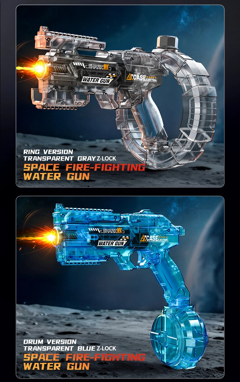 De elektrische waterpistool Shark MK-1 heeft een transparante, futuristische constructie met een donkerblauwe grip en een opvallende rode uitlaat. Het