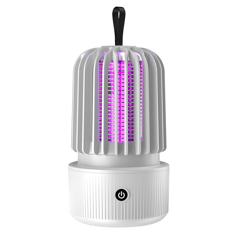 Zwart Xiaomi elektrische muggenkiller met paarse UV-lamp en draadloze hanghaak, ontworpen voor binnen- en buitengebruik. Effectief tegen muggen in sla