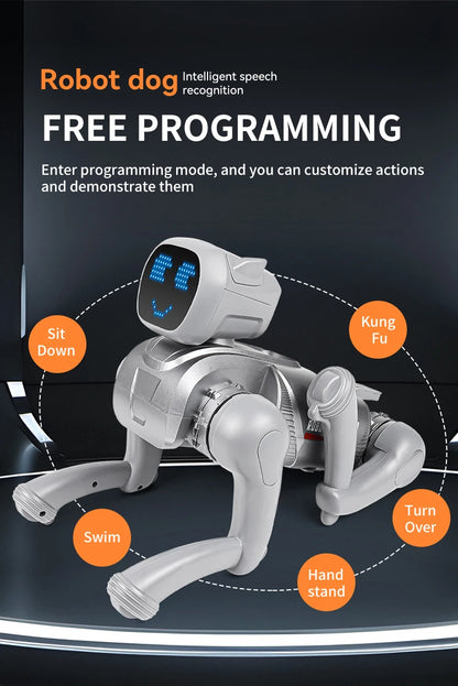 ZWN X1 AI Smart Robot Dog, zilverkleurig met blauwe LED-gezicht, speelt muziek en danst. Geschikt voor kinderen, met Bluetooth en app-controle voor in