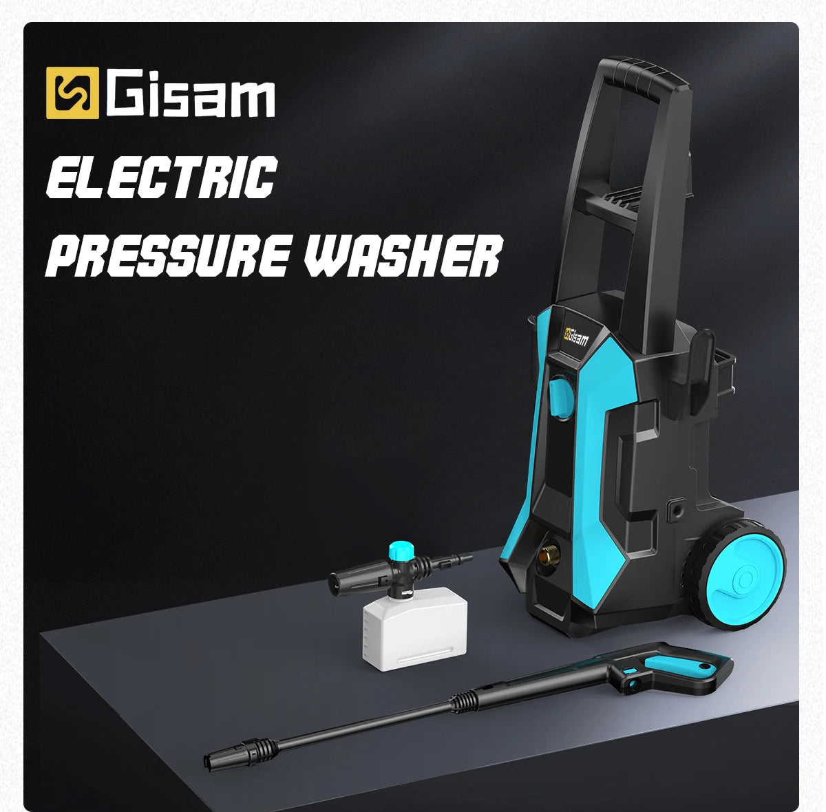 De Gisam waterkanon met 200 bar druk, zwart met blauwe accenten, inclusief slang, borstel, en accessoires voor efficiënte carwash en tuinreiniging. - 