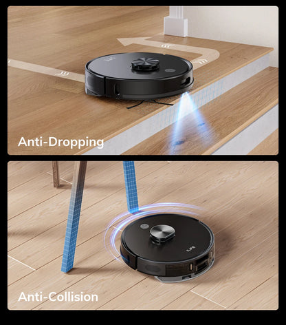 Zwarte ILIFE robotstofzuiger met glanzend metalen centrale knop en bijpassende lader. Apparaat is via smartphone app te bedienen voor efficiënte vloer