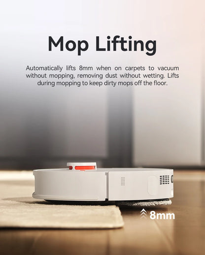 De JONR P20 Pro robotstofzuiger met witte, moderne design en transparante onderkant, naast zijn laadstation en een smartphone met de app voor slimme h