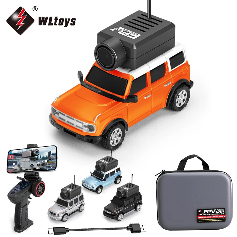 Mini-camera in 1:64 schaal, geïntegreerd in vier kleurrijke SUV-modellen met zichtbare antenne en USB-kabel. Ideaal voor speelgoedauto’s en kinderen d