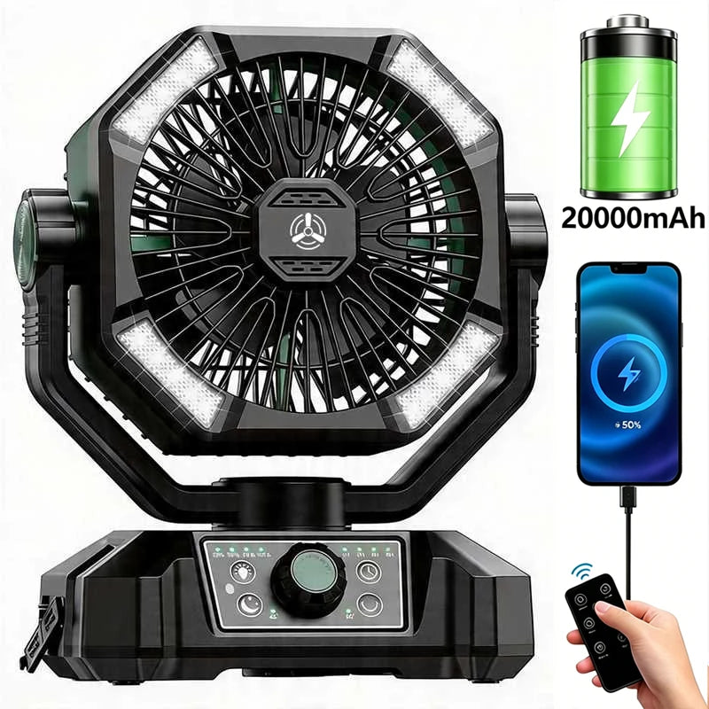 Zwarte en oranje outdoor camping fan met 4 LED-lampjes en draaibare kop, uitgerust met slimme afstandsbediening voor gebruik op kampeerplaatsen of bij