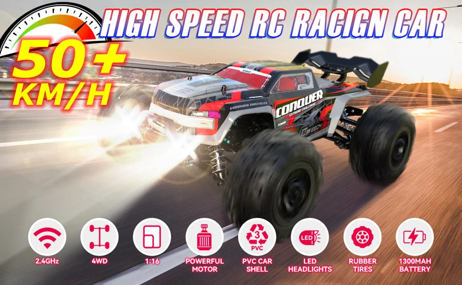 Zwart en roze 1:16 schaal RC monstertruck met grote terreinbanden en blauwe LED-verlichting, ontworpen voor speelgoedraces op zware terrein. Geschikt 