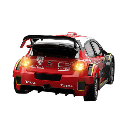 Een 1:7 schaalmodel van een Volkswagen Polo rallyauto, met blauw-wit livery en zichtbare details zoals de wielophanging en de 'NALES 1' sponsorsticker