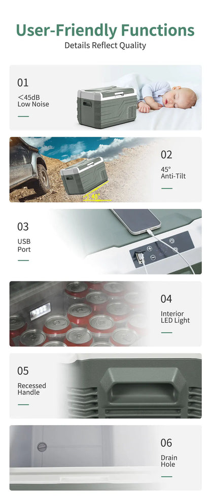 Grijze Alpicool koelbox met 25L/35L/45L capaciteit, gevuld met frisse fruit en Budweiser bierkanen, ideaal voor kampeer- en picknicktoepassingen. Robu