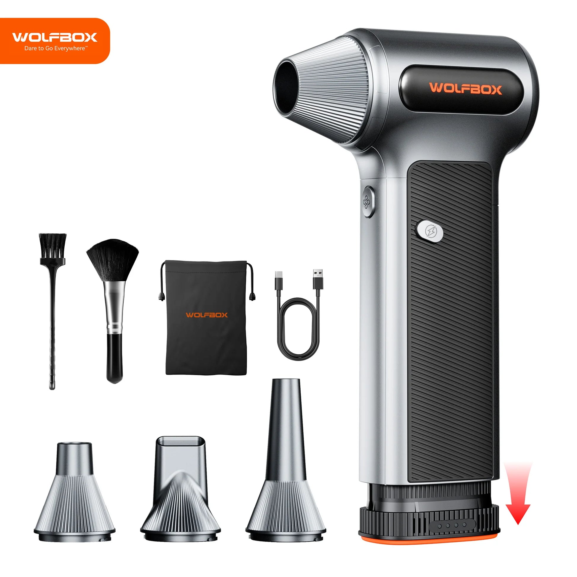 De Wolfbox MF200 air duster in zwart met oranje accenten, inclusief borstel, zachte borstel, opbergzak en drie metalen nozzles, geschikt voor het scho