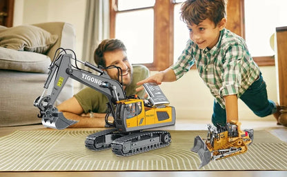 Grote, realistische RC-graafmachine in zwart en geel, met beweegbare schep en zichtbare batterijen, perfect voor kinderen die graafwerktuigen willen b