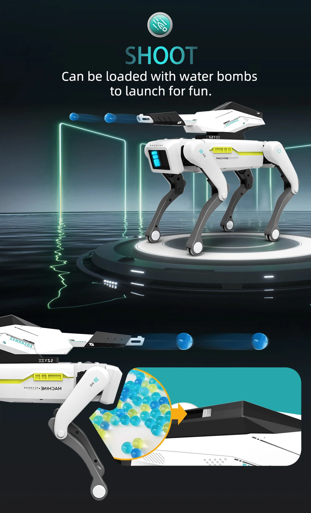 De witte 2.4G RC Smart Dog met groene accenten en zwarte poten, uitgerust met Bluetooth en een afstandsbediening, is een slimme hondrobot voor speelpl