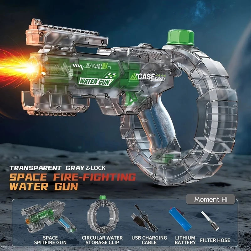 De elektrische waterpistool Shark MK-1 heeft een transparante, futuristische constructie met een donkerblauwe grip en een opvallende rode uitlaat. Het