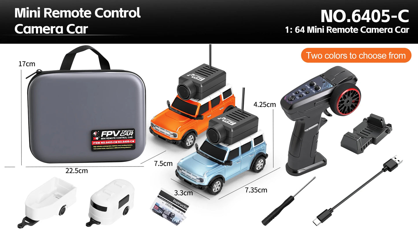 Mini camera-voertuigen in zwart, zilver, oranje en lichtblauw, elk met een zwarte camera op het dak, inclusief stuurunit en USB-kabel voor speelgoedau