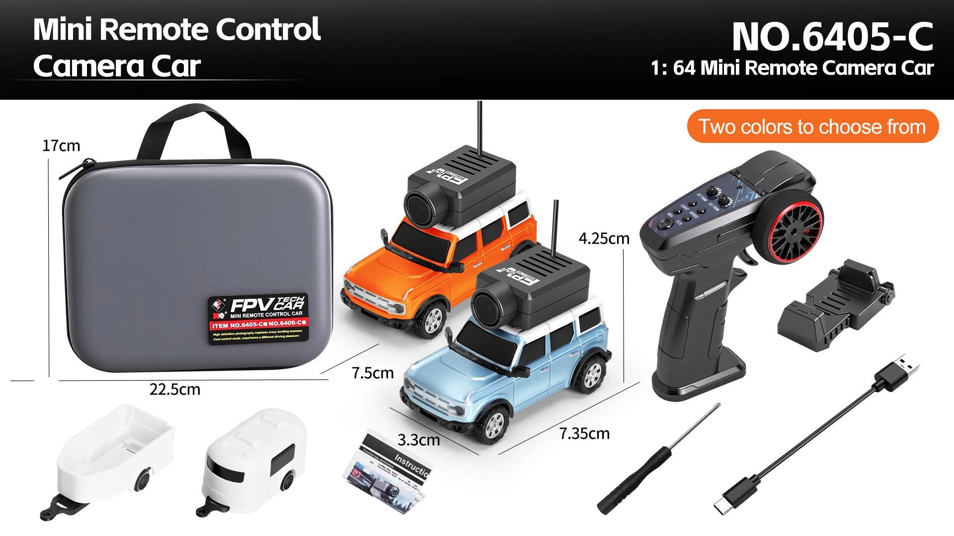 Mini camera-voertuigen in zwart, zilver, oranje en lichtblauw, elk met een zwarte camera op het dak, inclusief stuurunit en USB-kabel voor speelgoedau