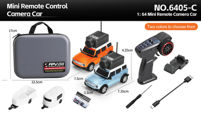 Mini camera-voertuigen in zwart, zilver, oranje en lichtblauw, elk met een zwarte camera op het dak, inclusief stuurunit en USB-kabel voor speelgoedau